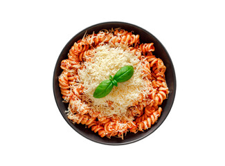 Fusilli pasta, cooked with tomato sauce, grated parmesan and basil, isolated on white background...