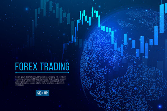 Forex trading banner. Candle stock graph chart with planet Earth. Stock market investment concepts. Global trading on blue background. Vector illustration