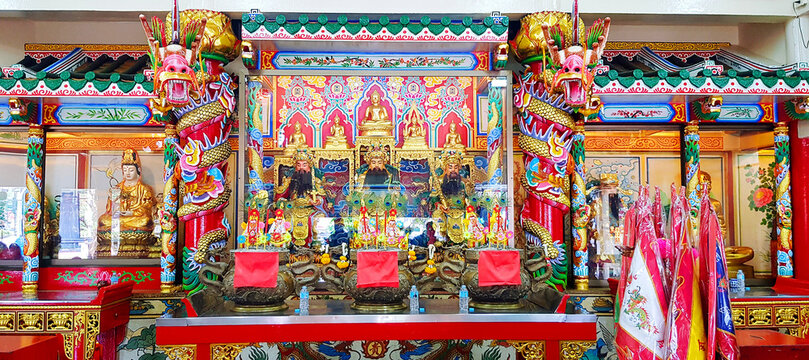 ฺBangkok, Thailand - July 1, 2022: Many Deity statues for worship in Chinese temples. Religion, belief of people and respect  