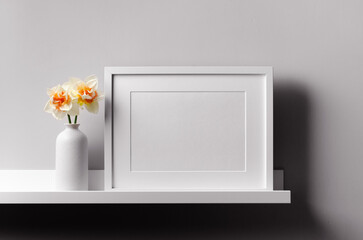 Landscape frame mockup on shelf with daffodils flowers