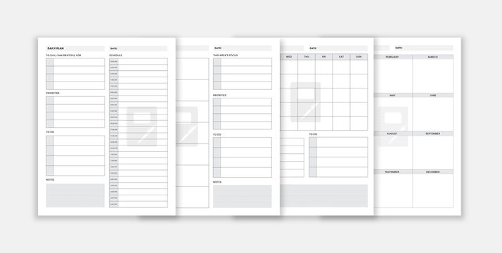 Daily, monthly, weekly and year plan template set. Planner notebook organizer for personal and work issues
