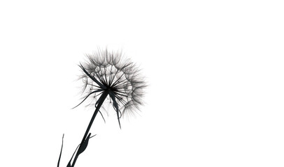 Beige dry Dandelion Silhouette on a white isolated background with copy space. Minimalistic stylish...