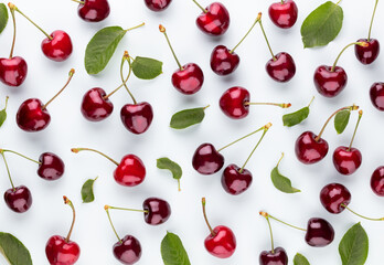 Cherry berries on a pastel background top view.  Background with a cherry on a sprig, flat lay