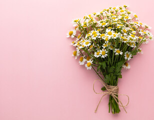 Background with chamomiles frame and copy space. Flat layer, top view.