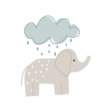 Elephant in the rain vector illustration scandinavian style