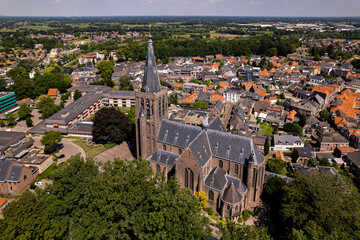 Aerial view showing historic Dutch city Groenlo with church Saint Calixtusbasiliek rising above the...