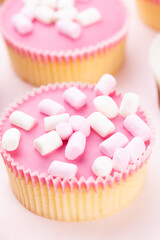 Colorful cupcakes on a pink background.