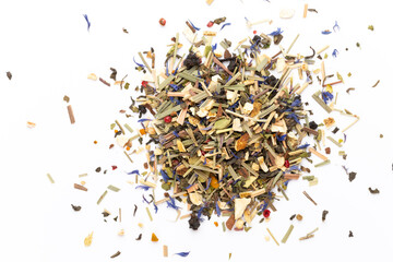 Herbal tea on a white background. Top view.