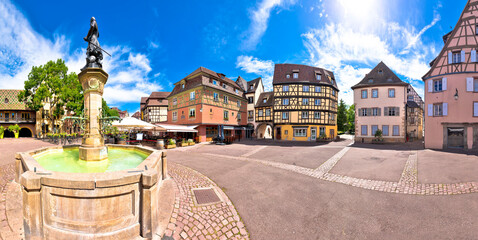 Colorful historic town of Colmar square and fountain panoramic view