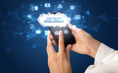 Hand using smartphone with cloud technology concept