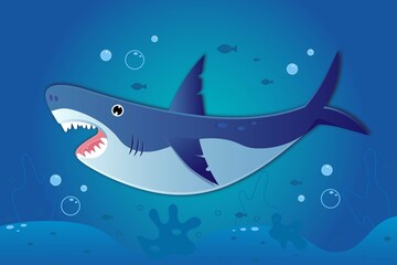 Cartoon shark in  blue ocean, vector illustration