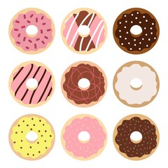 Vector illustration with donuts. Tasty set isolated on white background. Assorted kids sweets, donuts in colored glaze, pastries for menu template design, cafe wall decoration collection