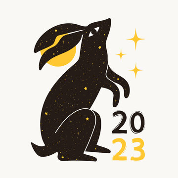 Vector illustration of Chinese New Year 2023 symbol, year of the rabbit. Typography poster with black and yellow line art animal character. Cute standing hare and stars. Trendy celebration print