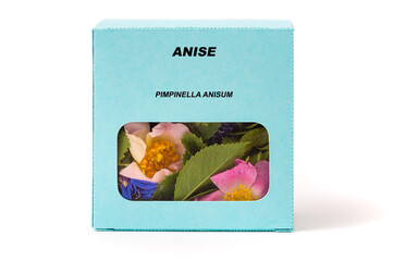 Anise Medicinal herbs in a cardboard box. Herbal tea in a gift box
