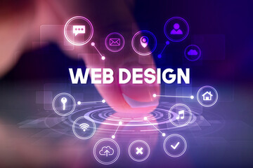 Finger touching tablet with web technology icons concept