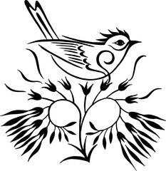 Decorative bird and flowers, ornament. Tropical bird sits on a branch with flowers. Black and white vector illustration. Outline drawing calligraphy. Floral pattern. Tattoo design.