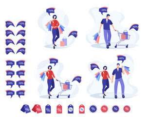 A woman and a man are standing and holding packages and shopping bags next to a supermarket trolley. Set of vector illustrations concept of shopping and marketing. Discounts on goods.