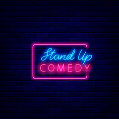 Fototapeta na wymiar Stand up comedy neon signboard. Pink frame. Comedian performance. Light signboard. Vector stock illustration