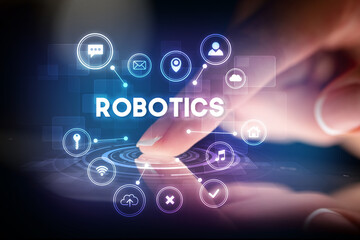 Finger touching tablet with web technology icons concept