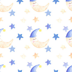 Handdrawn watercolor moon and stars seamless pattern children's textile. Scrapbook design, typography poster, label, banner, post card.