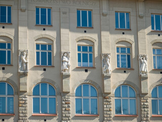Facade of modern building in Krakow, Poland. Tourism in Europe.