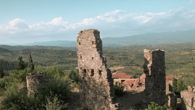 Ancient ruins of Mystras town near Sparta, Greece. UNESCO world heritage archaeological sight. 