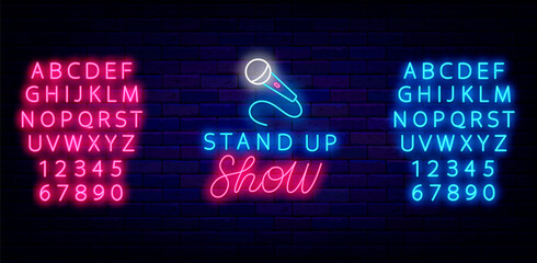 Stand up show neon signboard. Comedy night label. Blue microphone. Comic performance. Vector stock illustration