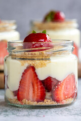 Strawberry magnolia. Dessert with cream and strawberry filling on a stone background. World cuisine delicacies. close up