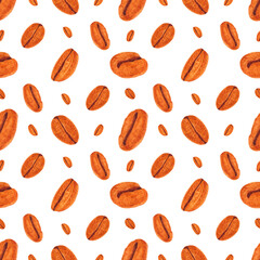 Handdrawn Watercolor coffee seeds seamless pattern. Scrapbook design, typography poster, label, banner, post card, textile.