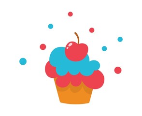 Delicious sweet cupcakes flat design vector illustration. Appetizing cupcake with cherries and souffl. Cute cakes with cream. Muffin dessert sweet, food. Bakery, cooking, tea drinking.