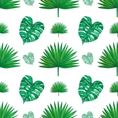 Deurstickers Tropische bladeren Handdrawn Watercolor green tropical leaves seamless pattern on the white background. Scrapbook design, typography poster, label, banner, post card, textile.