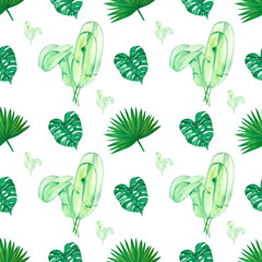 Handdrawn Watercolor green tropical leaves seamless pattern on the white background. Scrapbook design, typography poster, label, banner, post card, textile.