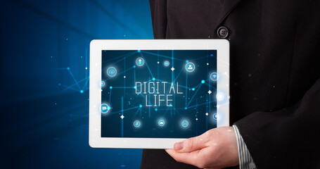 Person holding tablet, security concept