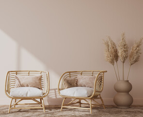 Home interior mockup, living room in cozy warm colors with rattan wooden furniture, 3d render