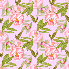 Handdrawn peony flowers seamless pattern. Watercolor pink peony flowers and buds with green leaves on the purple background. Scrapbook design, typography poster, label, banner, textile.