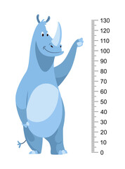 Height measure with growth ruler chart with cute cartoon rhinoceros animal. Funny kids meter, wall scale from 0 to 130 centimeter to measure growth. Children room wall sticker as interior decor