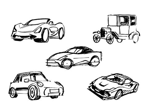 Designi schizzati di vari modelli di automobili