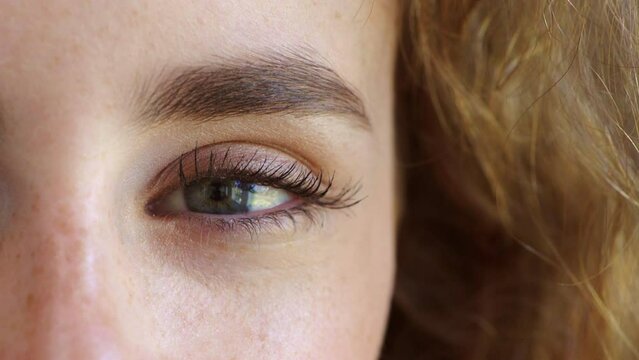 Portrait of a woman staring and blinking blue eyes while looking focused and thinking of ideas. Closeup of face of a serious caucasian female feeling awake and aware while observing humanity