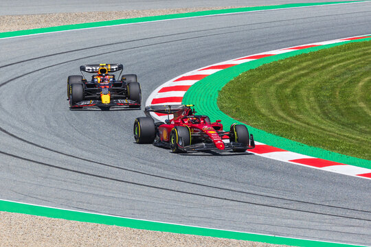 Redbull ring, Spielberg, Austria - July 8, 2022: Formula one - Carlos Sainz from Scuderia Ferrari F1 Team and Sergio Perez from Oracle Red Bull Racing side by side, 2022 Austrian Grand Prix.