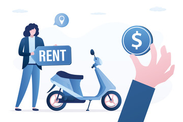 Motorbike for rent. Rental service, transport business. Customer pay money for rent. Promotion campaign, marketing. Woman promoter holds promo label. Motorcycle and seller.