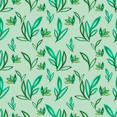 Naklejka na ściany i meble Hand drawn Watercolor green abstract leaves seamless pattern on the grey background. Scrapbook design elements. Typography poster, wedding invitation, postcard, label, banner design.