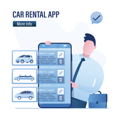 Car rental app. User holds mobile phone with auto rental application. Software interface with modern cars.
