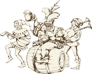 Medieval jugglers and cheerful fat man sits astride barrel and holds a mug of beer and a skewer with fried chicken and sausages