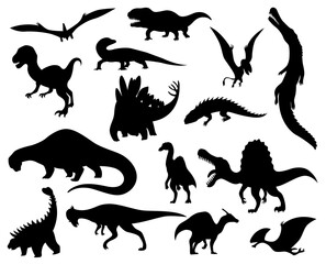 Dinosaur silhouettes set. Dino monsters icons. Shape of real animals. Sketch of prehistoric reptiles. Vector illustration isolated on white. Hand drawn sketches
