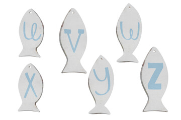 Wooden fish Latin alphabet. Classic ABC decorations on white background. Part 5