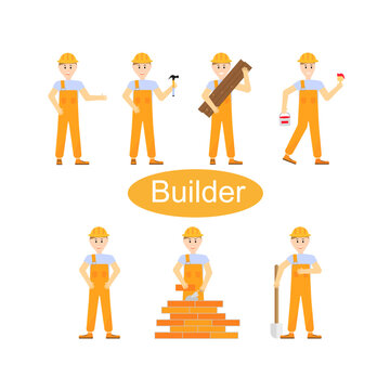 Vector image of the male builder character. A builder in uniform holds a shovel in his hands, carries boards and paint in his hands. EPS 10
