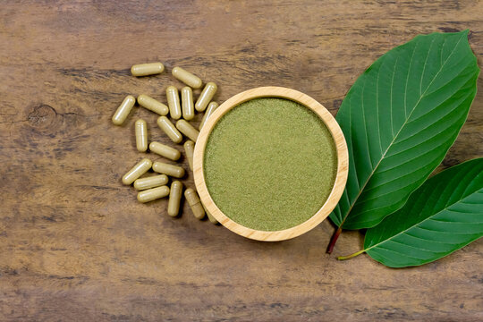 Mitragyna Speciosa Korth or kratom powder on wooden bowl wtih capsules and green leaf on rustic wooden background, top view and copy space.
