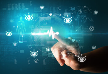 Doctor hand pressing futuristic health device with medical symbol on screen