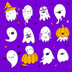 Collection of isolated halloween cartoon ghosts white