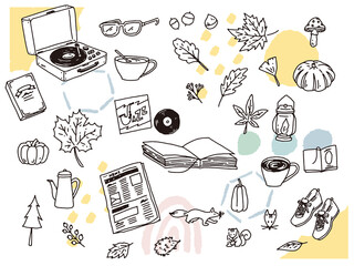 hand drawn set.
Black and white, monotone, and line drawing illustrations.Handwritten, stylish, magazine, fashion, cute, fall, Halloween, books.